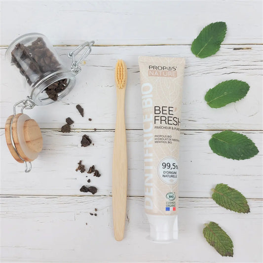 Natural toothpaste and bamboo wood toothbrush